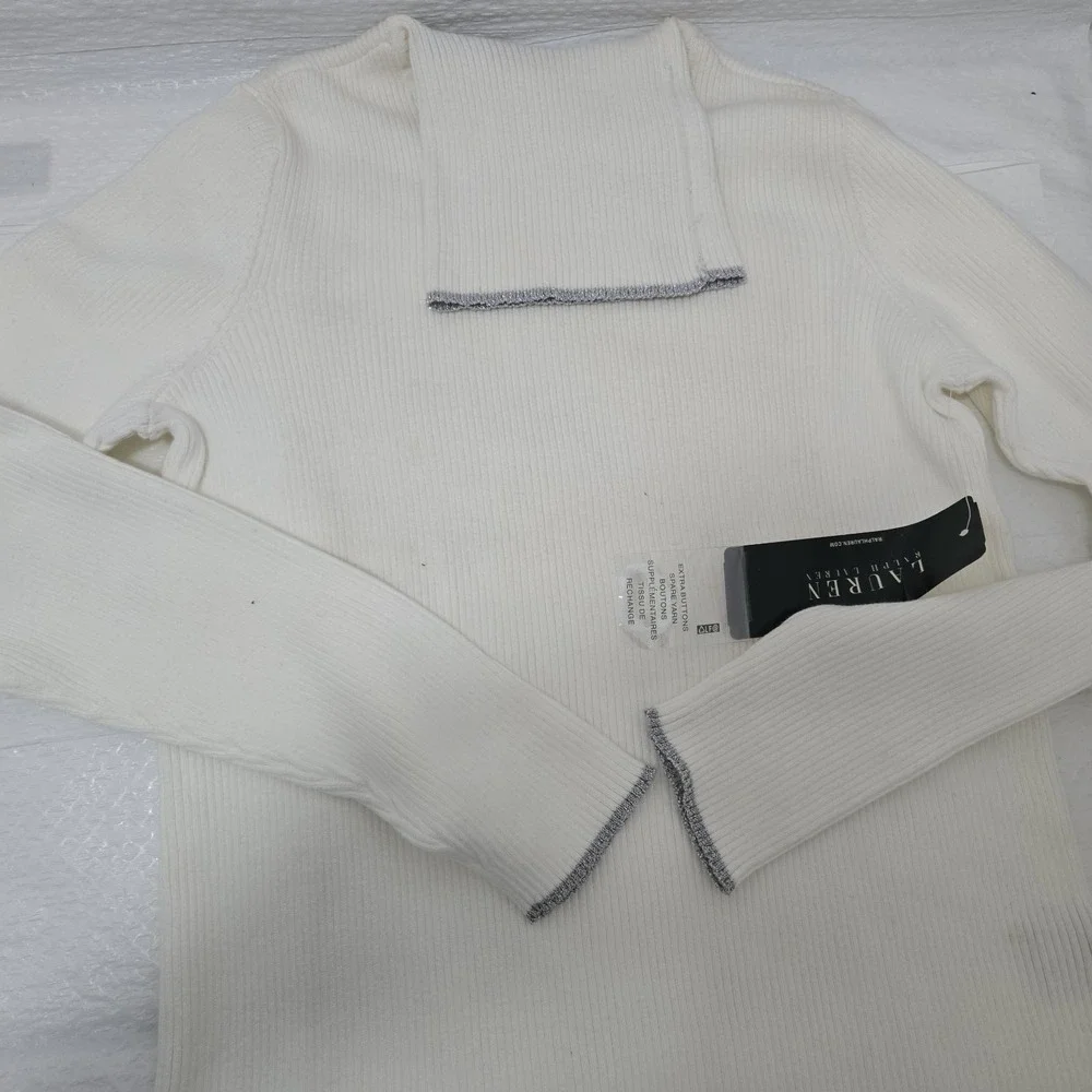 Vintage NWT Lauren Ralph Lauren Ivory Ribbed Metallic Trim Sweater S